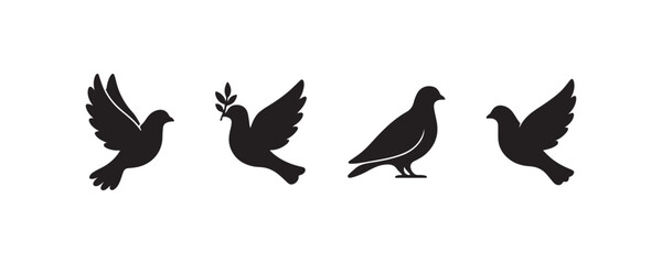 Fototapeta premium Silhouette collection of doves and peace symbol illustrations.