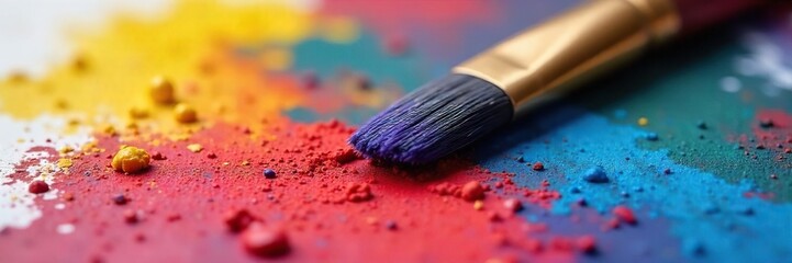 Fototapeta premium Close-up view of a paintbrush resting on a painter's palette, ready for the next stroke of vibrant color The bristles are soft and the paint is richly textured , art materials, creation, paintbrush