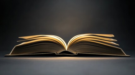 Empty pages of an open book spread wide, isolated on a smooth dark background with gentle highlights