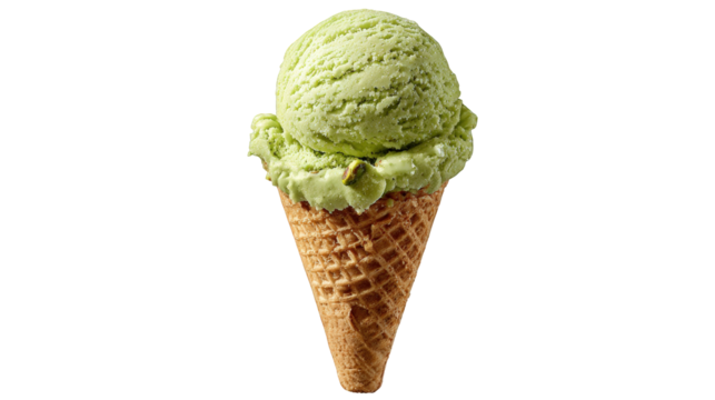 Delicious pistachio ice cream in a crispy waffle cone sweet treat refreshing summer dessert creamy green flavorful indulgent tasty cold frozen treat on transparent background food
