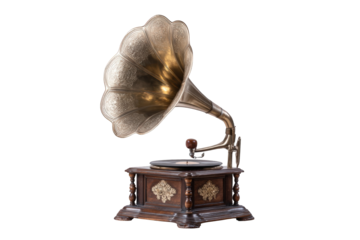 Antique vintage gramophone with brass horn detailed design beautiful wooden box classic music player retro nostalgia old fashioned sound device elegant on transparent background