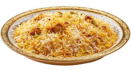 Delicious aromatic chicken biryani rice dish in golden bowl perfect for restaurant menu indian cuisine food photography spicy flavorful meal tasty on transparent background plate