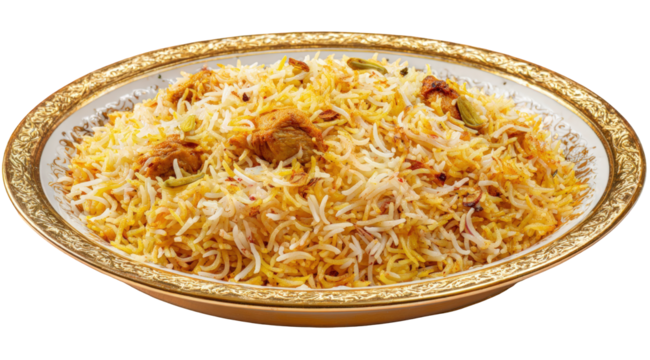 Delicious aromatic chicken biryani rice dish in golden bowl perfect for restaurant menu indian cuisine food photography spicy flavorful meal tasty on transparent background plate