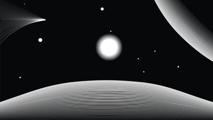 Star and moon in outer space. Futuristic landscape, with lines texture . Space landscape with moon and sun . Deep space vector illustration. Vector line art. Star explosion .