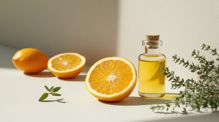 Freshly cut orange and herbal oil bottle styled in a minimal, airy composition on a pale surface