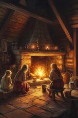 Obraz premium warm hearth in a humble cottage, where a family bows their heads in prayer before a simple meal