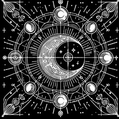 Celestial moon phase illustration with intricate design on black background  