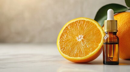 Naklejka premium Fresh orange half beside a dropper bottle of essential oil, clean and bright composition on light background