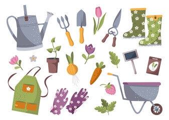 Set of garden tools and elements, potted plants, gloves, apron, watering can, rake, shovel and garden cart flat vector illustration isolated on white. Farming tool for growing spring organic plants. 