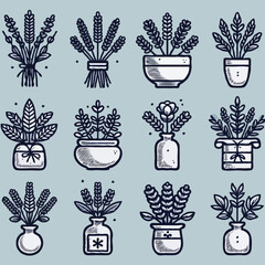 Various illustrated flower pots and arrangements in line art style  