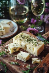 Traditional latvian food and drinks for Līgo celebration featuring cheese and wine. Vertical banner. Copy space. Latvian festival, summer solstice