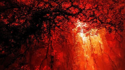 Fototapeta premium A fiery autumnal forest bathed in sunlight's warm embrace