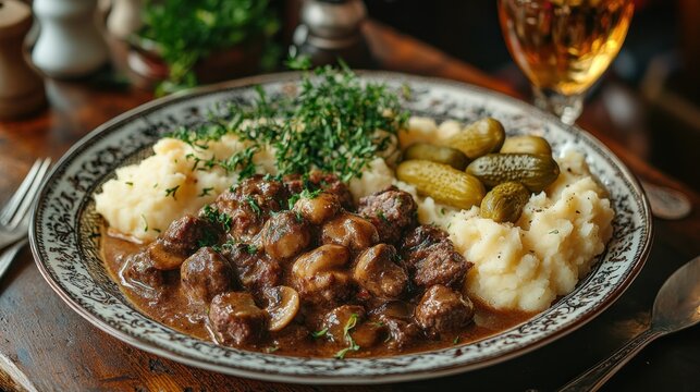 Beef stew with mashed potatoes and pickles