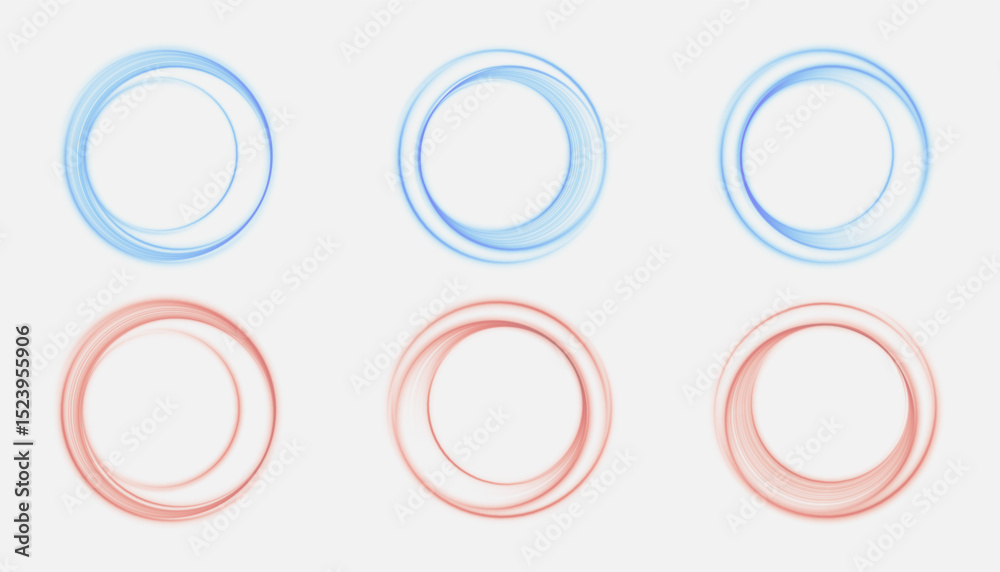 Poster Set of gradient rotating rings with dynamic lines in blue and red tones on white background.