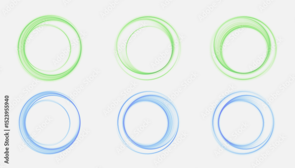 Poster smooth light rings in green and blue tones, emitting a soft neon glow. suitable for futuristic inter