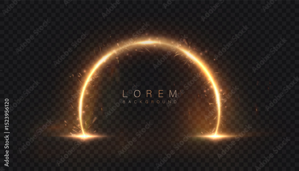 Poster bright round magic portal arch with golden glow and sparkle effects on transparent dark background. 
