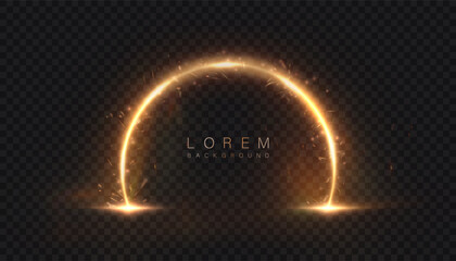 Bright round magic portal arch with golden glow and sparkle effects on transparent dark background. Vector PNG
