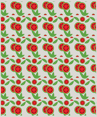 Cute watermalon seamless pattern for textile, wrapping, wallpapers, etc. Sweet red ripe watermalons on red, Vector illustration.