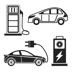 Electric vehicle charging stations and cars icons