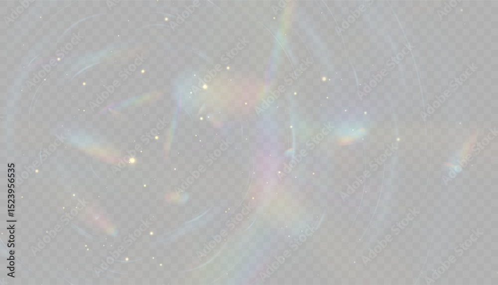 Poster Delicate iridescent swirl of light and particles with soft holographic glow on transparent background.