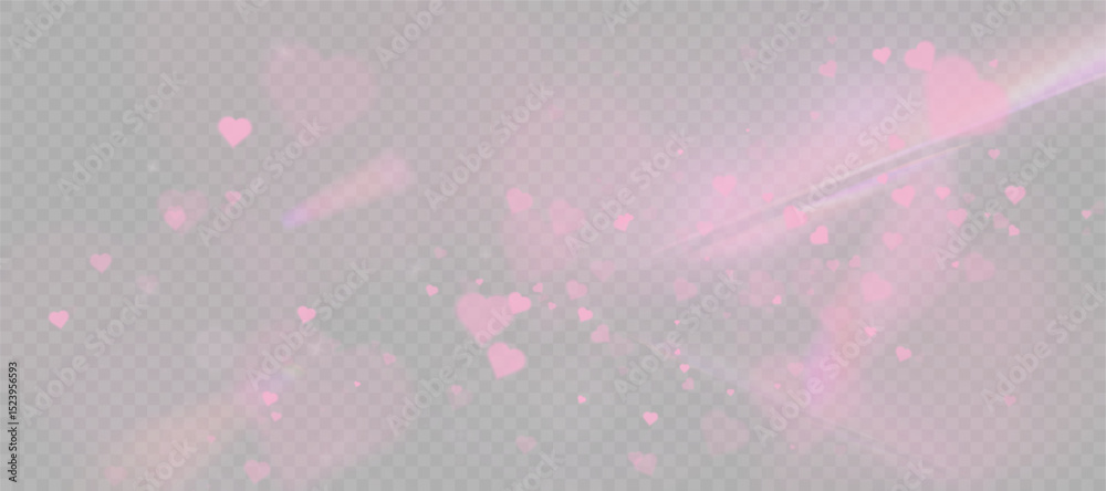 Poster Romantic soft pink hearts with bokeh particles and transparent light glow on transparent background. Use for Valentine's Day themes, romantic overlays.