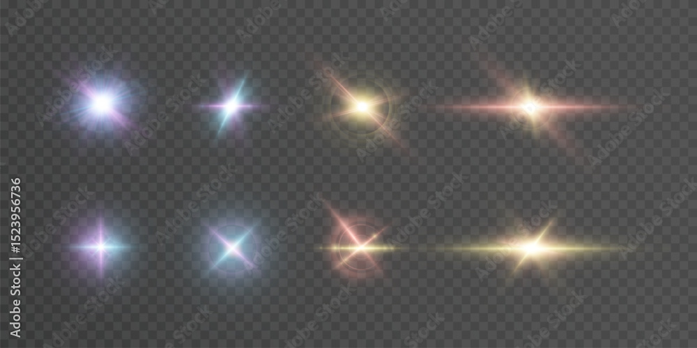 Poster a set of sparkling light lens flares and bright stars on a transparent background. suitable for lens