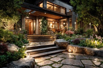 Clean Architectural Design of House Exterior in Nighttime