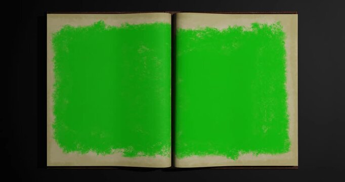 Animated turning pages of an old book with Green Screen on Desk- 3d animation 4K, set of 2
