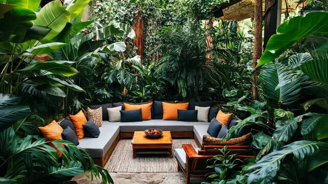 Tranquil outdoor lounge with lush greenery and cozy seating arrangement