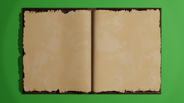 Animated turning pages of an old book with torn edges on desk- 3d animation 4K	