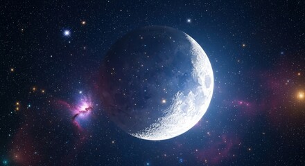 Fototapeta premium Crescent moon bathed in starlight and nebulae.