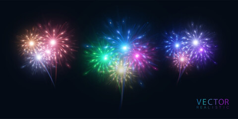 Bright fireworks with many colorful flashes and sparks on a transparent background. Suitable for holiday designs and New Year cards.