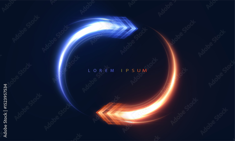 Poster light circle with neon arrows in cool orange tones. suitable for energy, progress, movement and tech
