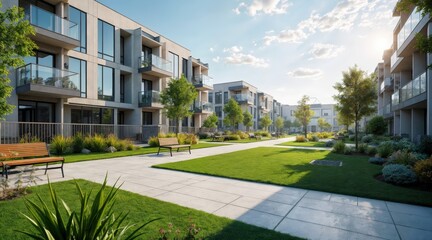 Fototapeta premium Stylish Apartment Courtyard with Green Spaces and Clean Architecture
