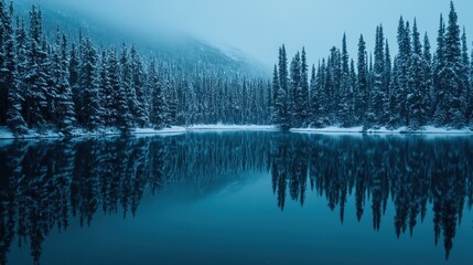 Obraz premium Majestic winter landscape with snow falling over trees and lake at dusk