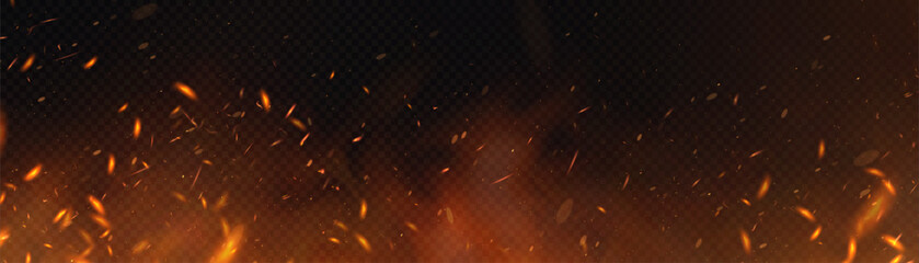 Sparks and flames on a transparent background with realistic fire effect and diffuse smoke. Can be used for designs related to heat, flash or fire.
