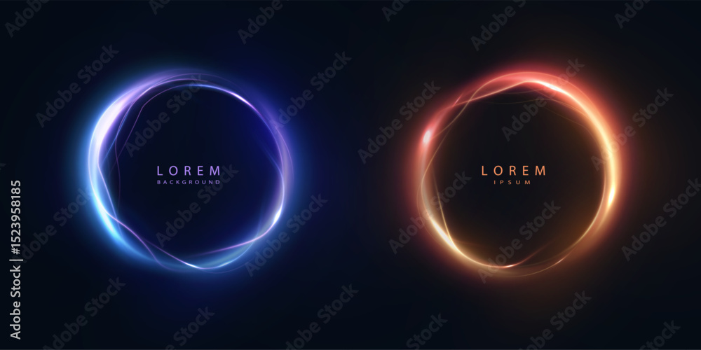 Poster Glowing abstract rings in blue and orange on a dark background with soft glow. Light circles for digital design, interfaces and visual effects.