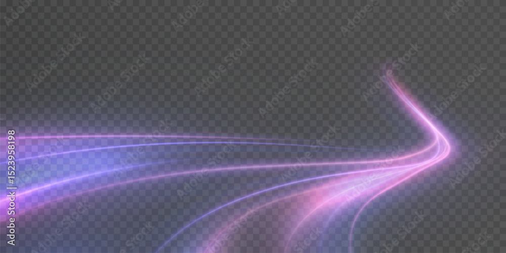 Poster Transparent pink-violet rays of light create a feeling of acceleration, movement of the light flow. The energetic flow of light is suitable for the theme of speed, acceleration, racing theme.
