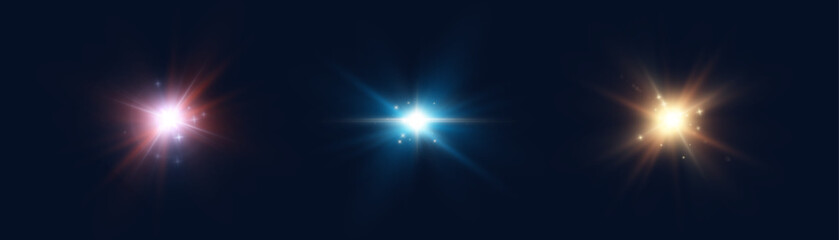 Bright light stars with blue, red and gold glow on a dark background.