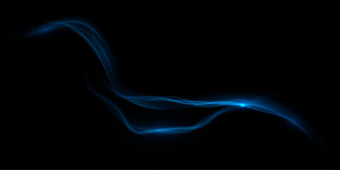Dynamic blue light trail in a fluid abstract shape on a black background with soft glow and fine lines.