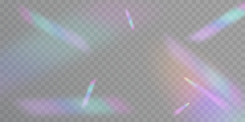 Holographic glare with soft rainbow tints of light on a transparent background. Vector light effect.