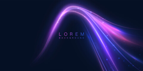 Bright curve of light lines in colorful purple glow on dark background. Suitable for technodesign, covers and digital interfaces.