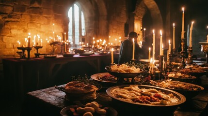 Elegant medieval banquet with candlelit ambiance and lavish food spread in an ancient stone hall during evening hours