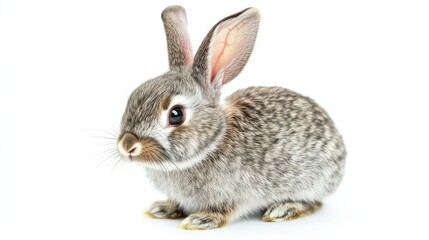 Fototapeta premium Little gray bunny with curious expression posed on white seamless background, studio lighting