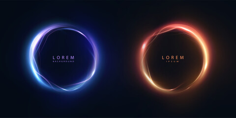 Glowing abstract rings in blue and orange on a dark background with soft glow. Light circles for digital design, interfaces and visual effects.