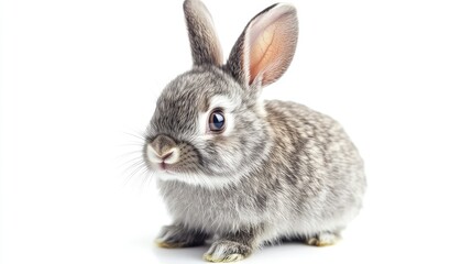 Fototapeta premium Little gray bunny with curious expression posed on white seamless background, studio lighting