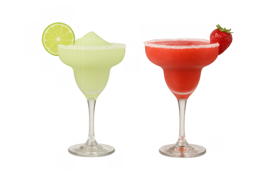 A Refreshing Duo: The vibrant lime margarita alongside the enticing strawberry margarita present a tantalizing visual of frozen cocktail delights, perfect for summer enjoyment. 