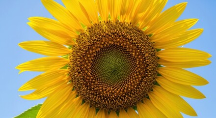 Naklejka premium Close-up view of a vibrant sunflower against a clear blue sky.