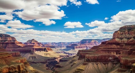 Naklejka premium Stunning Panoramic View of the Grand Canyon's Majestic Landscape Under a Vivid Blue Sky