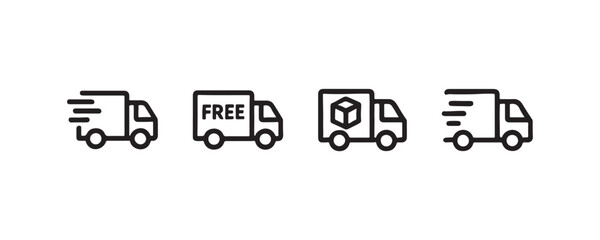 Icon set of delivery trucks including free shipping and fast delivery symbols.